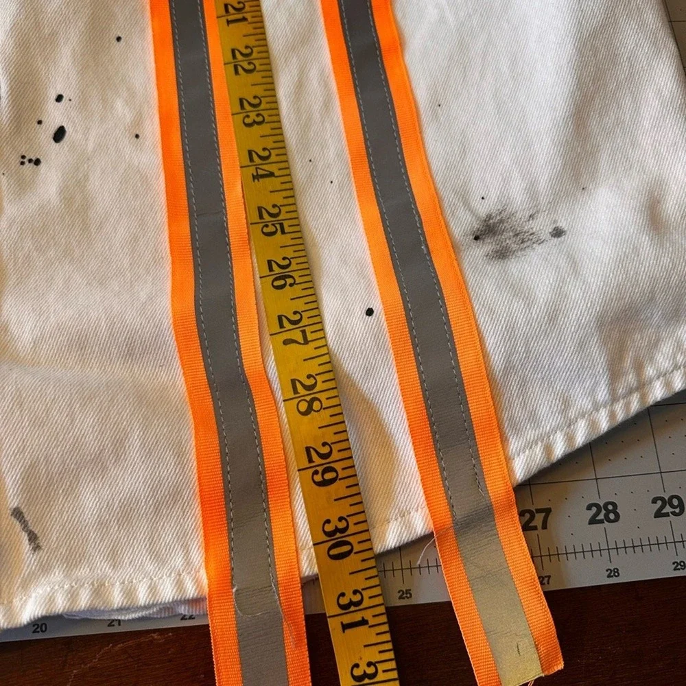 Zara Men's Size XL White Denim oversized Jacket‎ w paint patches orange Accents